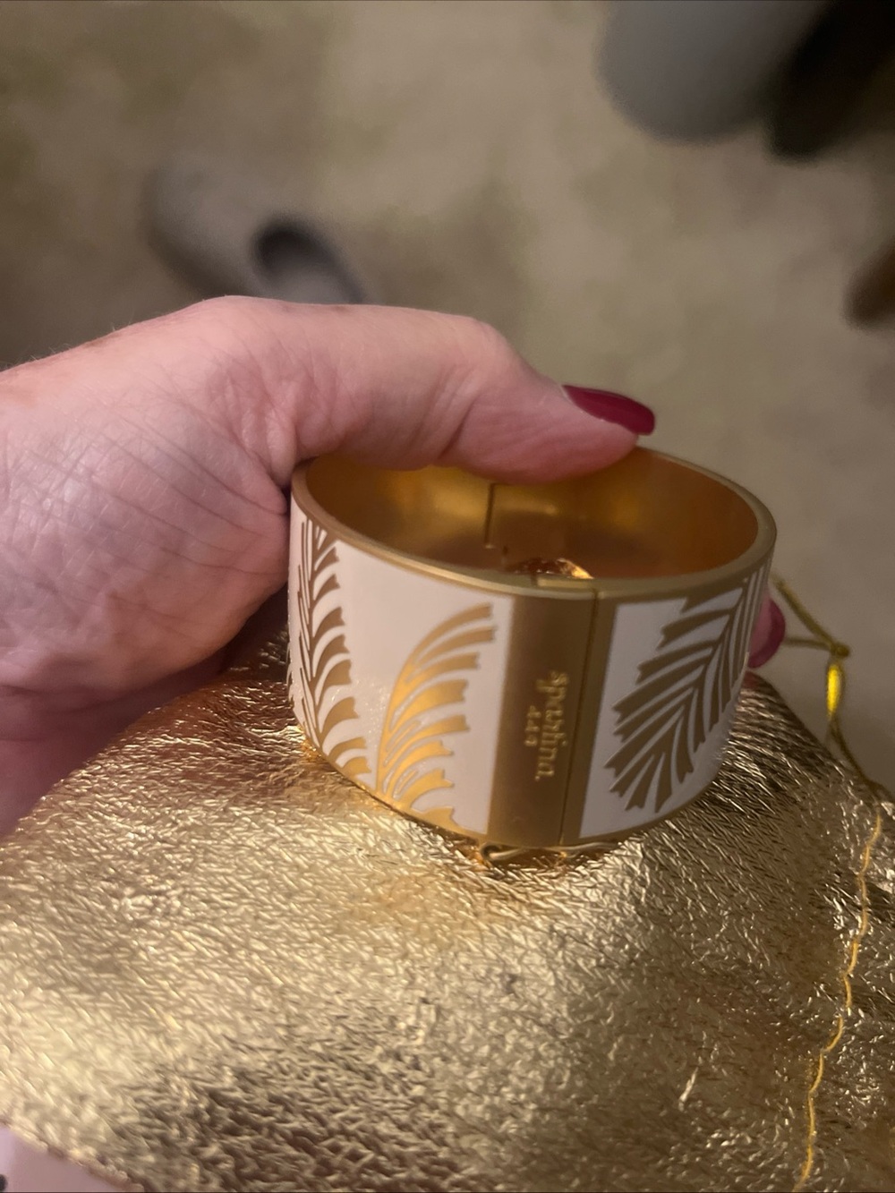 Spartina 449 Gold Cream Geometric Enamel Hinged Bangle Bracelet 7"